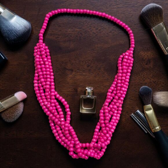 Jewelry - Pink Multi Strand Beaded Necklace Statement Chunky Layered Bold Fashion Jewelry